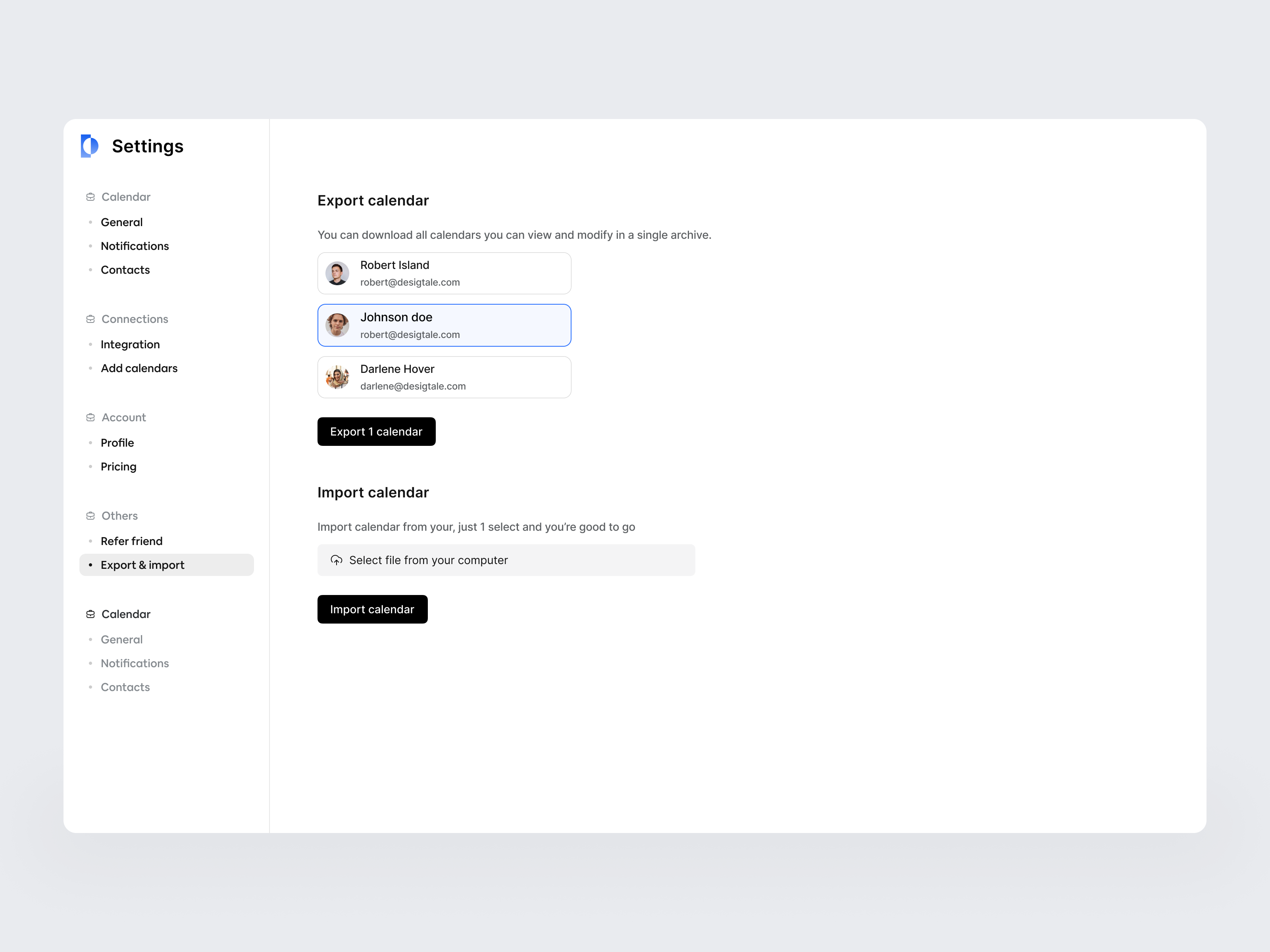 Export and Import calendar design calendar ui calendar web app dashboard dashboard design export export modal import import modal navigation bar product design product designer saas design saas ui setting setting page sidebar ui design web app web app design