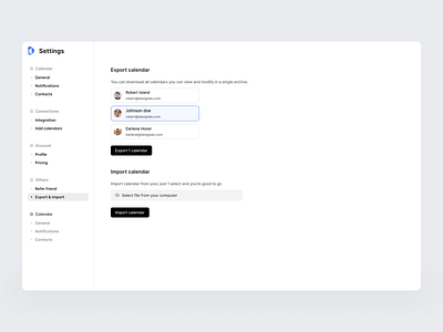 Export and Import calendar design calendar ui calendar web app dashboard dashboard design export export modal import import modal navigation bar product design product designer saas design saas ui setting setting page sidebar ui design web app web app design