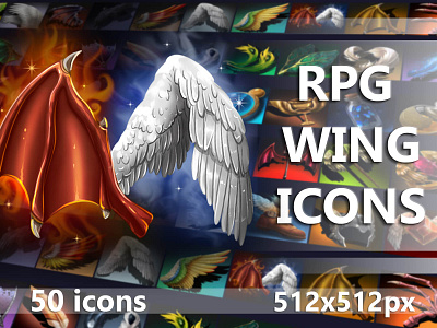 Free RPG Wing Game Icons 2d art asset assets fantasy game game assets gamedev icon icons illustration indie indie game loot mmo mmorpg rpg set ui wings