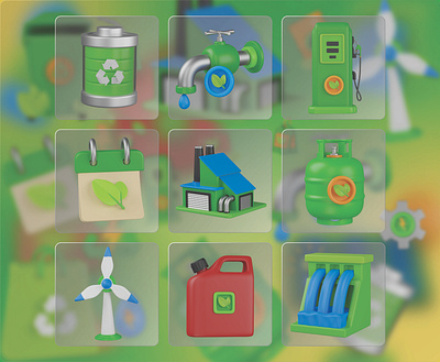 Ecology 3D Icon Set 3d 3d icons clean energy dam earth day eco friendly ecology ecology 3d icon environment environment awarness factory graphic design icons illustration recycle recycle battery renewable energy ui water management windmill