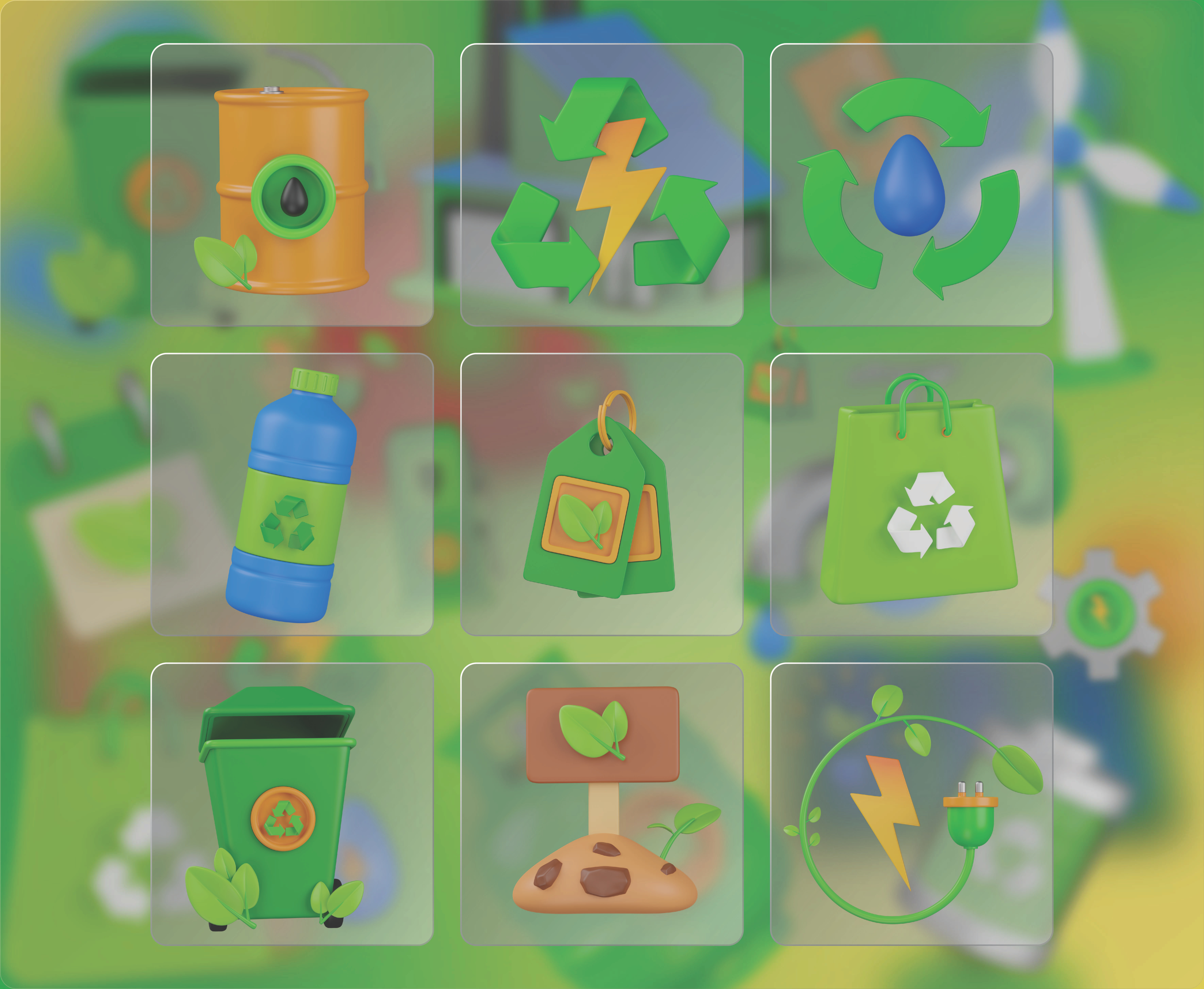 Ecology 3D Icon Set 3d 3d icons earth day eco friendly eco oil graphic design green green area green day green price tag icon illustration nature recycle bag recycle water recycling renewable energy sustainable energy ui workd environment day