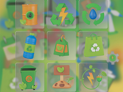 Ecology 3D Icon Set 3d 3d icons earth day eco friendly eco oil graphic design green green area green day green price tag icon illustration nature recycle bag recycle water recycling renewable energy sustainable energy ui workd environment day