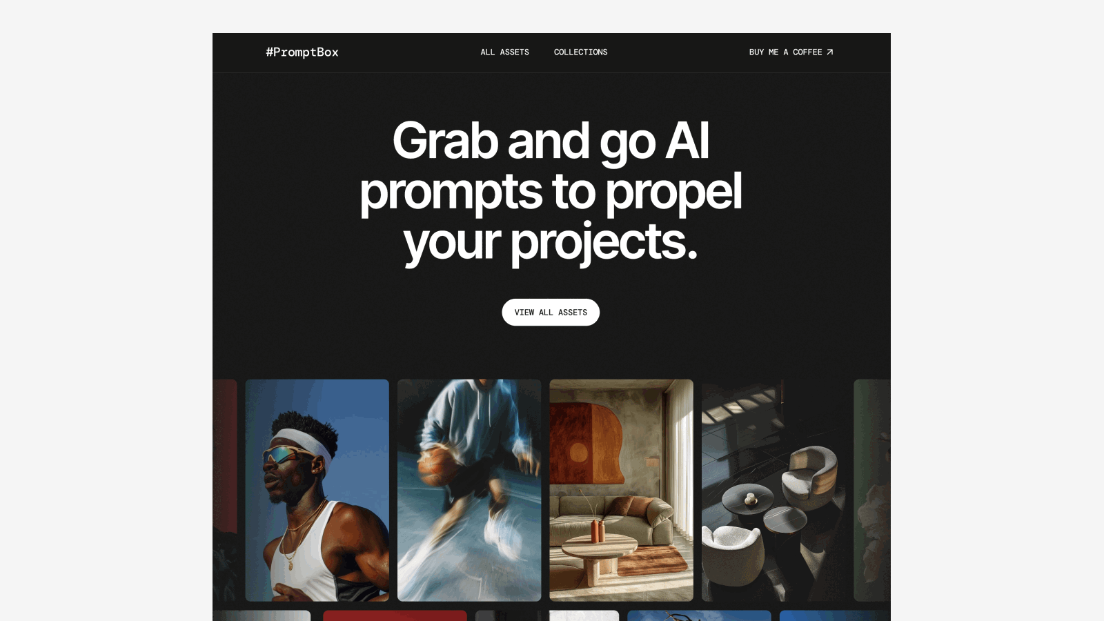 PromptBox Framer Template ai ai prompt asset hub clean design dark mode design dark ui design desktop framer framer template minimal mobile modern design photography portfolio typography ui web design website design website template