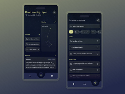 Celestial Events Monitoring App astronomy calendar view celestial daily ui dark mode design design challenge filter mobile app navigation bar neon typography ui ux