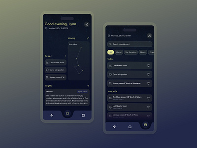Celestial Events Monitoring App astronomy calendar view celestial daily ui dark mode design design challenge filter mobile app navigation bar neon typography ui ux