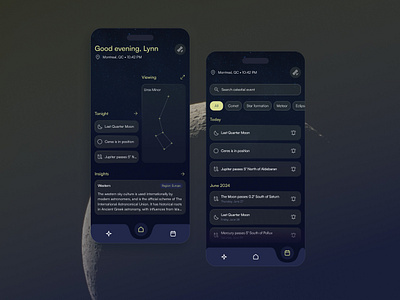 Celestial Events Monitoring App astronomy calendar view daily ui dark mode design design challenge filter mobile app navigation bar neon typography ui ux