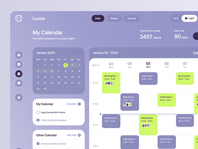 Luxoa - Dashboard Calendar activity calendar calendar dashboard dashboard date design figma gym productivity reminder schedule sidebar sport todo list ui ux web web app web dashboard workout