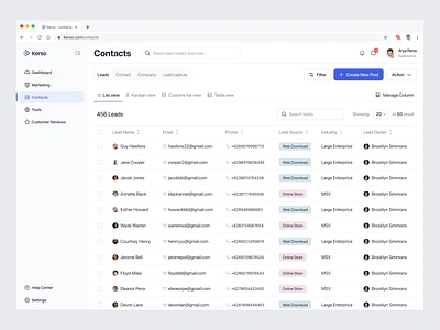 Kerso - CRM Contact Lead Page admin dashboard app design clean contact crm crm dashboard crm marketing customer relationship management dashboard data design list marketing minimal modern product design social media management ui ux website