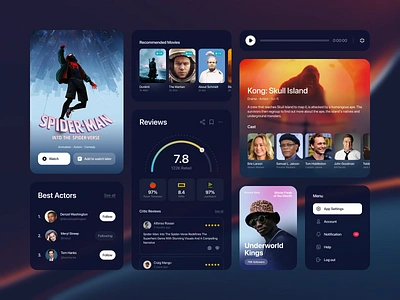 Movie Streaming - UI Elements branding card clean dark mode design illustration movie rating settings streaming thumbnail typography ui ui elements ui kit users ux web app website whitespace