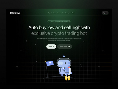 Crypto Trading Bot Landing Page blockchain buy and sell crypto crypto landing page crypto trading bot dark design finance fintech landing page minimal trade trading trading bot trend ui web web design webiste