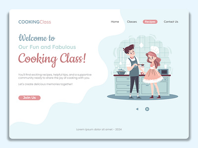 Cooking Class Platform Landing Page catoon character design chef cooking cooking class cooking illustration cute illustration flat design flat illustration girl cooking illustration illustrator kitchen landing page pastel ui ui design vector illustration website