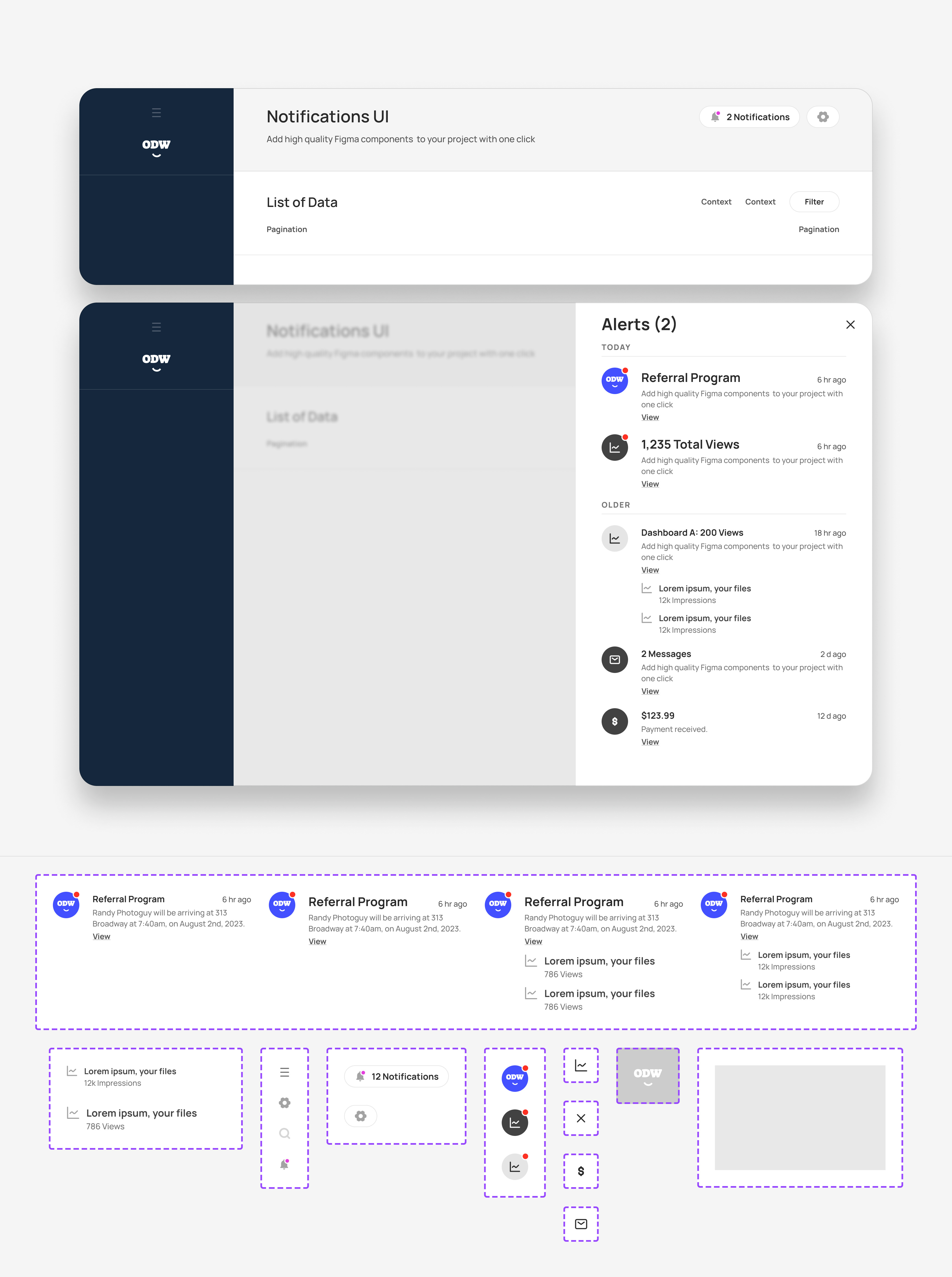 App Notifications Tray from Component Collector alert component figma notification odw sidebar ui