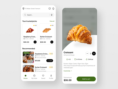 Food Order App Design awesome design clean ui croissant delivery app ecommerce food app fast food fluttertop food and drink food app ui food delivery food delivery app food order mobile design payment method product design app restaurant restaurant app snacks snacks ordering application transactions