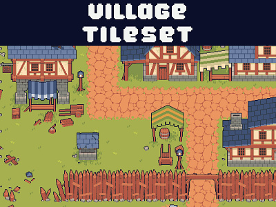 Free Village Pixel Tileset for Top-Down Defense 2d art asset assets defense fantasy game game assets gamedev indie indie game mmorpg pixel pixelart pixelated rpg tileset top down ui village