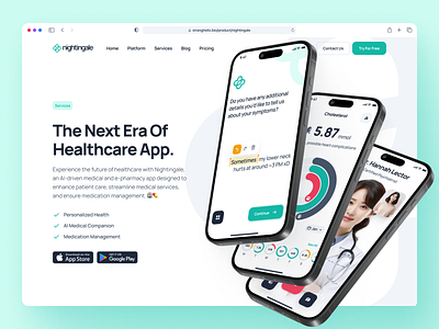 nightingale: AI Medical & E-Pharmacy | Hero Section Page UIUX e pharmacy gradient green health healthcare healthcare website hero landing page medical medical website minimal modern pharmacy pharmacy website responsive teal ui ui kit web design website design