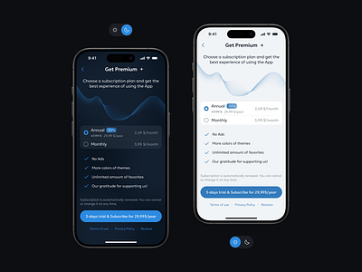 Simple Radio - Get Premium | Dark & Light theme app mode color theme dark mode dark ui darklight theme get premium light mode light ui midnight saphire mobile app music app premium premium plan ui pricing ui radio app subscribtion plan ui ui ux wawes