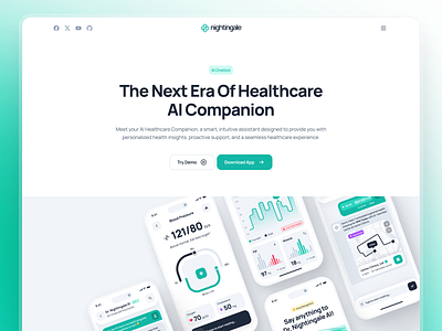 nightingale: AI Medical & E-Pharmacy | AI Companion Page UIUX ai health chatbot ai health companion ai healthcare clean e pharmacy gradient health healthcare healthcare website landing page medical medical website minimal pharmacy teal ui ui kit virtual care web design website