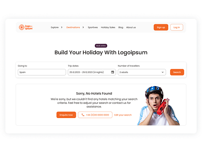 Search error page for a holiday booking company 404 404 page booking error page missing page problem support page travel utility page web
