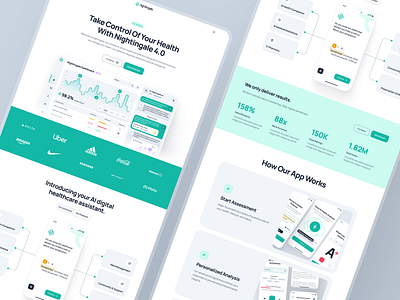 nightingale: AI Medical & E-Pharmacy | Platform Page Website UI ai health assistant ai health companion ai medical website e pharmacy green healthcare healthcare dashboard landing page medical medical website minimal pharmacy pharmacy website teal ui ui kit virtual care web design website website design