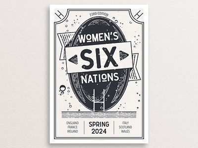 Women's Six Nations 2024 Poster black and white design poster print rugby rugby ball six nations sport uk womens rugby womens sport