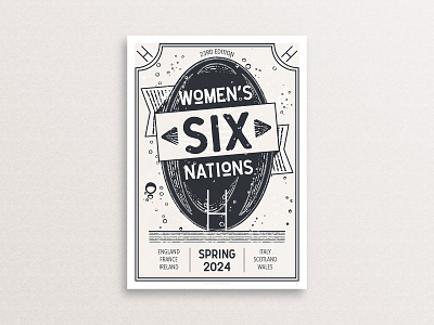 Women's Six Nations 2024 Poster black and white design poster print rugby rugby ball six nations sport uk womens rugby womens sport