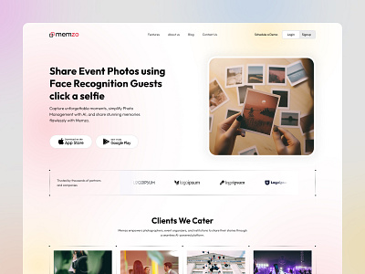 Memzo - Share event photos using ai Face Recognition ai birthday camera camera collection collage college corporate events design landing page photo sharing app photography school selfie sellbuy photos social club ui uiux wedding
