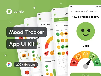 Lumio - Mood Tracker App UI Kit app app design application case study design design system figma interface mental health mindfulness mood diary mood journal mood tracker portfolio project template ui ui design ui kit uiux