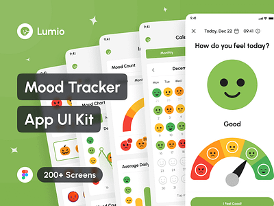 Lumio - Mood Tracker App UI Kit app app design application case study design design system figma interface mental health mindfulness mood diary mood journal mood tracker portfolio project template ui ui design ui kit uiux