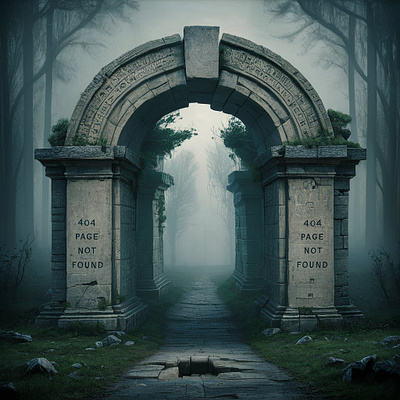 404 page not found, weathered archway art, hauntingly landscape 404 error page 404 error page design 404 page 404 page not found ancient archway design graphic design hauntingly landscape horror night forest mist shrouded forest mysterious ambiance page error page not found surreal landscape weathered archway