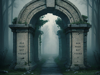 404 page not found, weathered archway art, hauntingly landscape 404 error page 404 error page design 404 page 404 page not found ancient archway design graphic design hauntingly landscape horror night forest mist shrouded forest mysterious ambiance page error page not found surreal landscape weathered archway