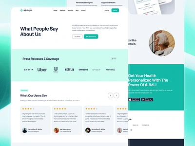 nightingale: AI Medical & E-Pharmacy | Testimonials Page UIUX ai health companion ai healthcare website gradient healthcare landing page medical minimal pharmacy pharmacy website responsive responsive web design teal testimonial page testimonials ui ui kit virtual care web design website website design