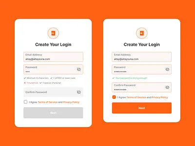 Always love to design simple and straightforward design patterns app bright button check component email evaluation` form input login modal orange password product register requirements ui validation vibrant window