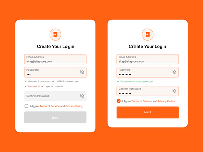 Always love to design simple and straightforward design patterns app bright button check component email evaluation` form input login modal orange password product register requirements ui validation vibrant window