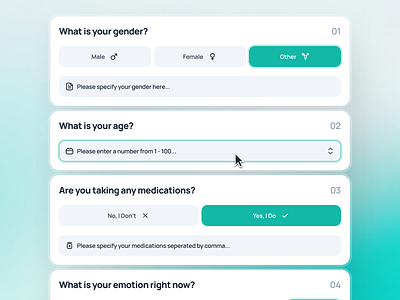 nightingale: AI Medical & E-Pharmacy | Health Assessment Card UI button ui card ui choice ui clean gradient health assessment health assessment card health assessment ui healthcare healthcare ui medical minimal question ui quiz ui selection ui teal text input ui ui design ui kit