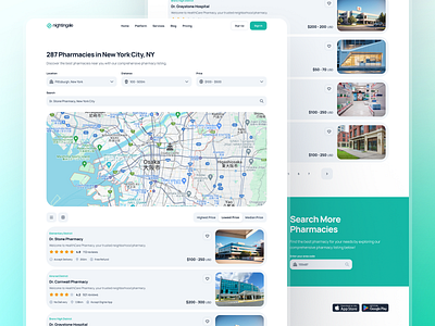 nightingale: AI Medical & E-Pharmacy | Job Pharmacy Listing UIUX card ui clean e pharmacy gradient green healthcare hospital list ui hospital listing listing card ui listing ui location listing map ui minimal pharmacy pharmacy listing pharmacy listing ui teal text input ui ui ui kit