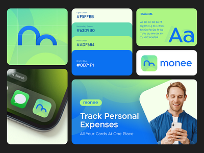 Monee Branding, Visual Identity app icon bank app banking blue branding bright colors business card fonts green identity illustration logo patterns typography ui ux