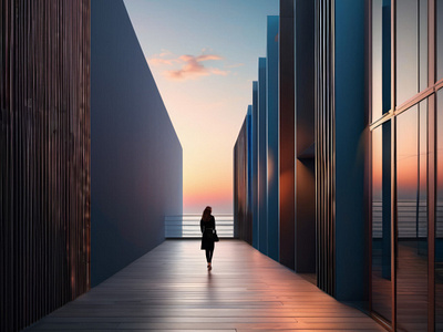 A Walk Towards the Sunset in a Modern Architectural Corridor 3d ai aigc art colorful horizon illustration path