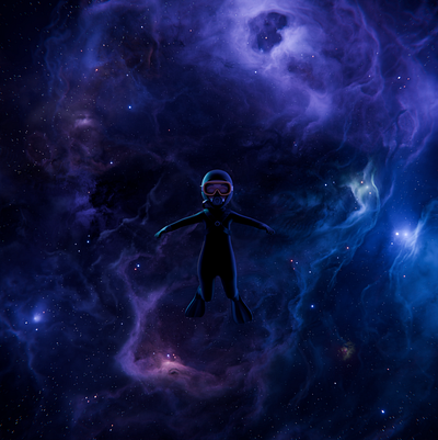 Space still from an animation. Everything made in Blender. 3d animation blender blender3d blue character diver dust fantasy floating galaxy modelling nebula render rigged scifi skull space stars violet