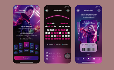 Mobile screen for online movie ticket booking. a ui