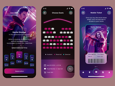Mobile screen for online movie ticket booking. a ui