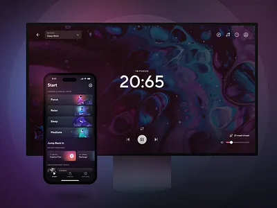 Brain.fm Web + Mobile blur dark theme desktop app focus gradients illustrations interface ios mobile app music music app music player player product design spotify tt norms ui uiux ux web app