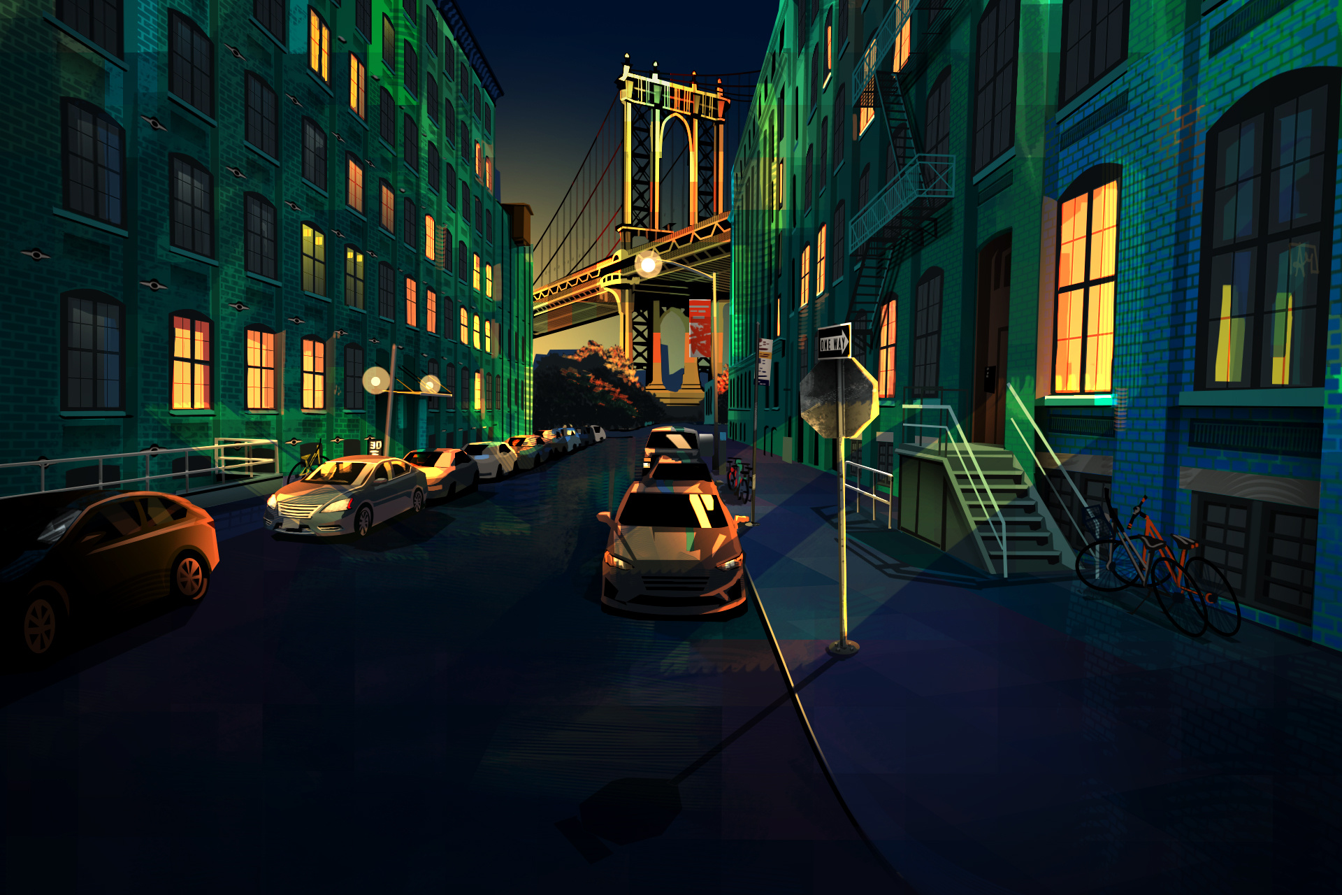 Greenish night on Water St bridge city illustration lights new york night ny print vector