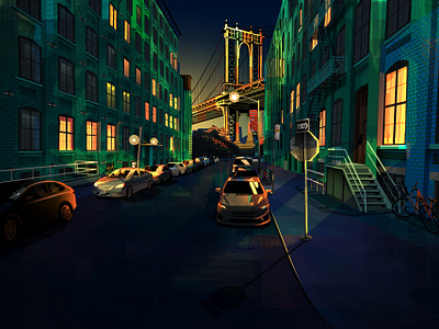 Greenish night on Water St bridge city illustration lights new york night ny print vector