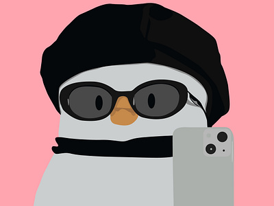 Stylish duck with glasses and beret make a selfie. animal baby bird cartoon character digital art duck fashion graphic design illustration mascot paris style pet pink poster selfie style toy vector zoo