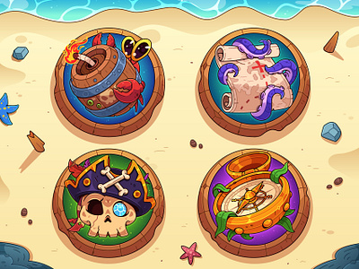 Countless Treasures: Game Icons 2d barrel beach casino compass crab gambling game gaming icons icon icons illustration marine theme ocean pirate pirate skull scull slot tentacles treasure map