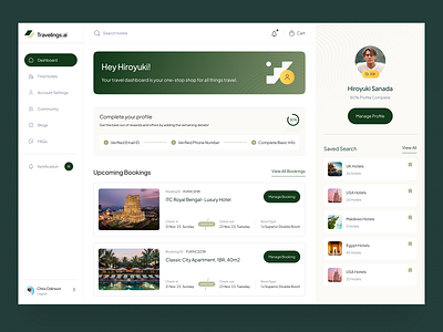 Booking Dashboard ai travel assistant booking dashboard hotels location places travel webapp website