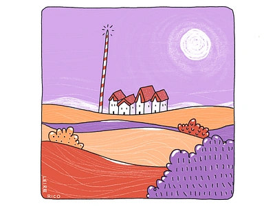 Spanish village cartoon desert digital illustration dry fields hot houses illustration landscape obstacle marker paisaje procreate purple red spain spanish summer sun village windy