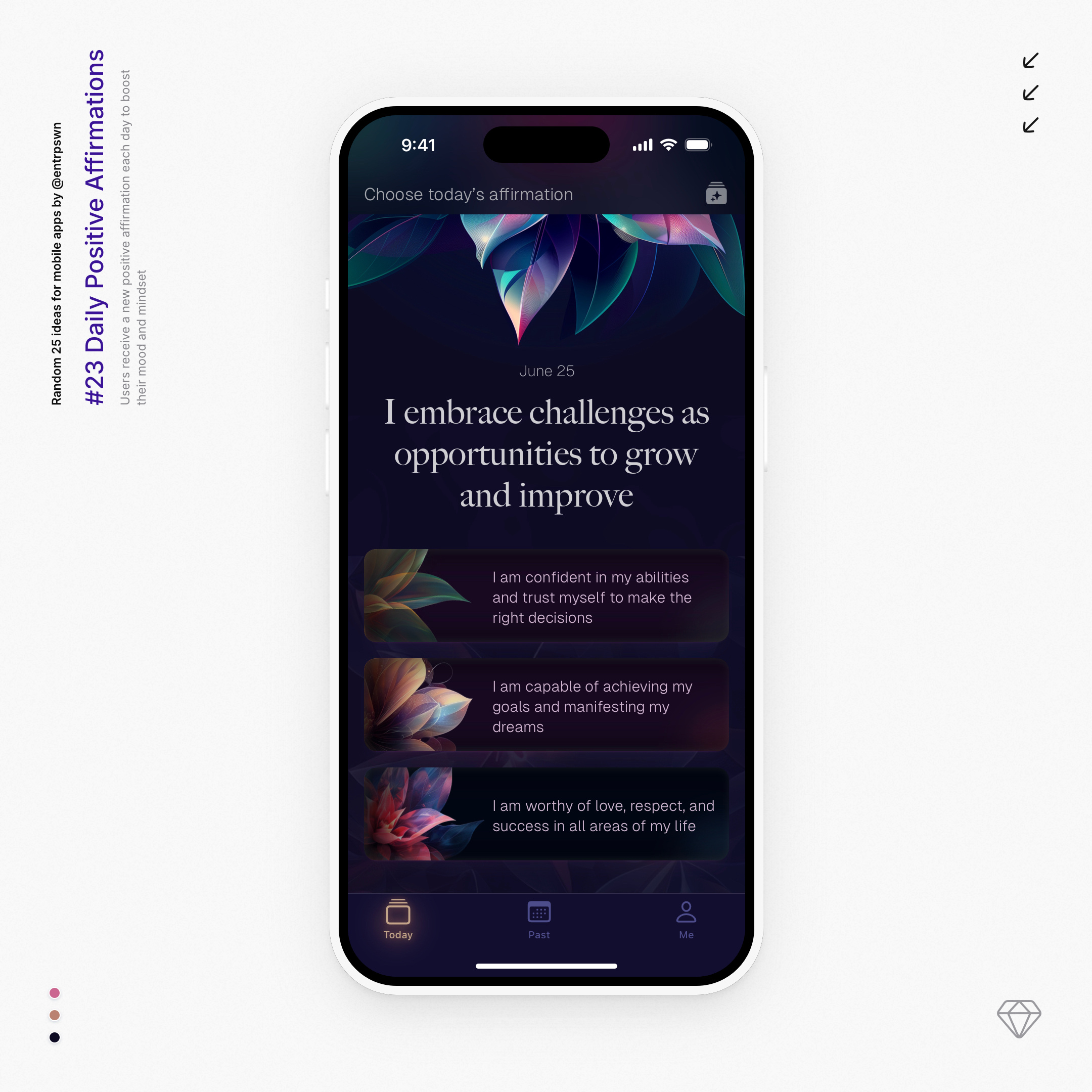 Positive Affirmations App affirmation app daily ui dark ios iphone mobile sketch ui