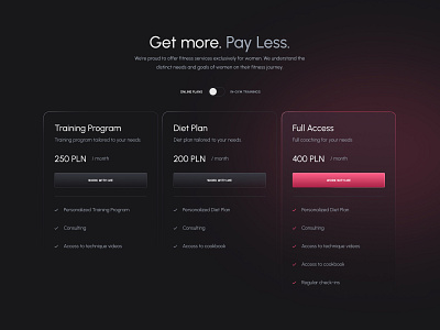 Pricing page black coach dark mode fitness health landing page pink pricing pricing page sports trainer ui ux webdesign website website design