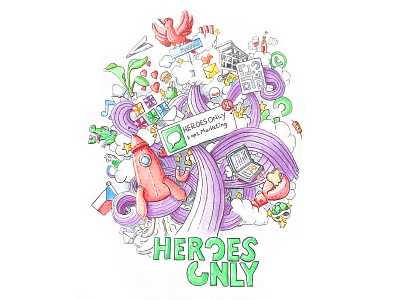 Doodle T-shirt design in watercolor | Heroes Only aquarel doodles emailmarketing fineliner heroes only watercolor